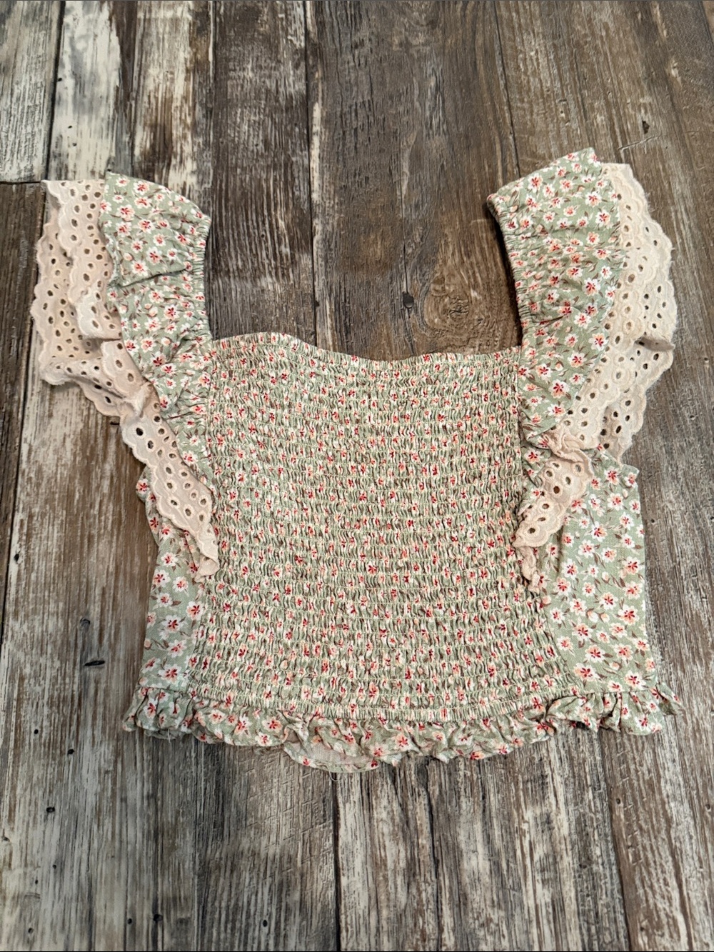 Altar'd State Green Floral Smocked Crop Top with Cream Lace Trim